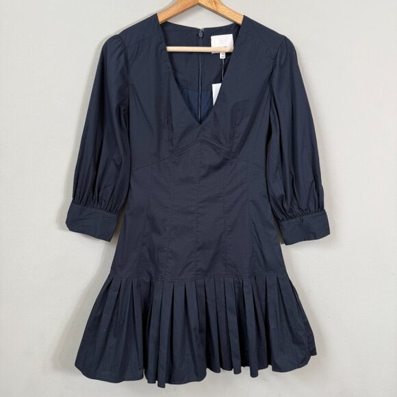 Cinq A Sept Sawyer V-Neck Pleated Mini Dress Women's 00 Blue Drop Waist Chic NWT - Picture 7 of 16